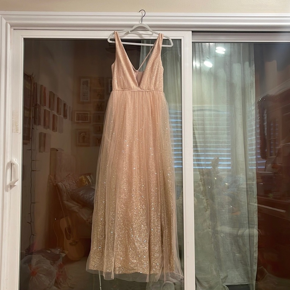 Sparkly v-neck blush prom pink dress with gold sparkles. NEVER BEEN WORN BEFORE